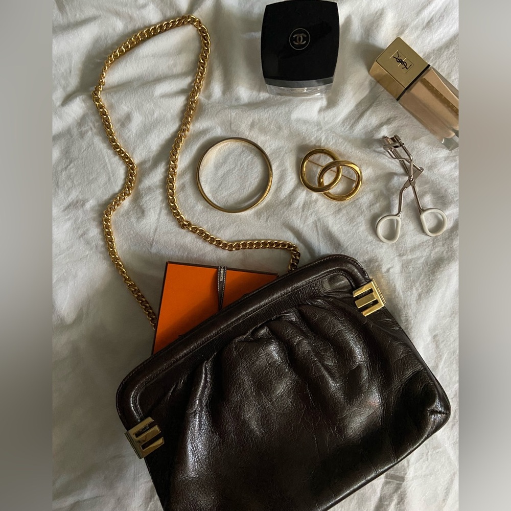 Vintage Chocolate Brown Patent Leather Handbag with Gold Chain